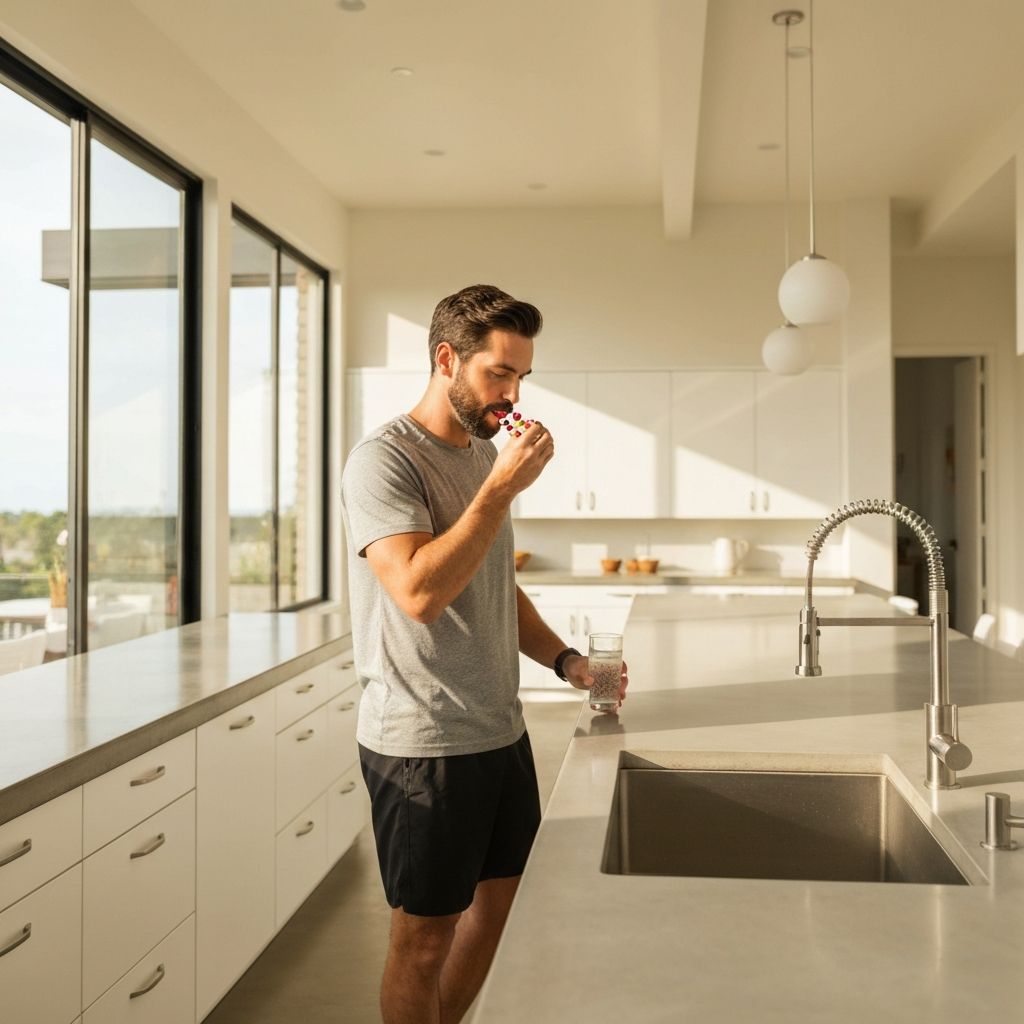 Mann während seiner Morgenroutine in der Küche