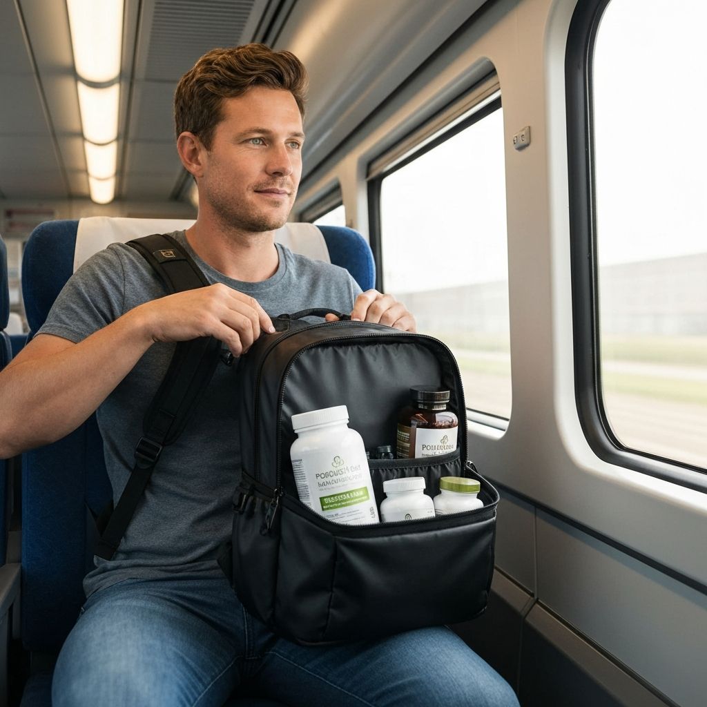 Mann mit tragbarem Supplement-Behälter auf Reisen